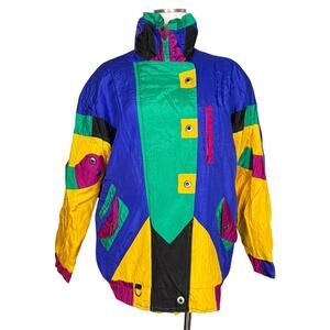 90s Vintage Andy Johns Nylon Color Block Ski Snow Jacket XL 80s Retro Zip Snap